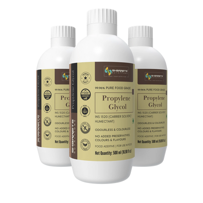 Sharrets Propylene Glycol pack of 3 showing three 500 ml bottles of 99.96% pure food grade propylene glycol, INS 1520, in white packaging with gold and brown labels. Product for permitted food additive, carrier solvent, humectant and formulation applications.