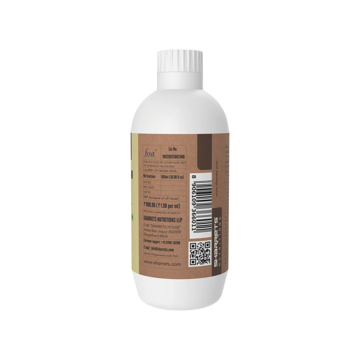 Sharrets Propylene Glycol 500 ml bottle side view showing food grade INS 1520 product packaging, FSSAI licence number, net quantity, maximum retail price, manufacturer and marketer details, barcode and QR code on the brown and gold label.