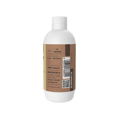 Sharrets Propylene Glycol 500 ml bottle side view showing food grade INS 1520 product packaging, FSSAI licence number, net quantity, maximum retail price, manufacturer and marketer details, barcode and QR code on the brown and gold label.