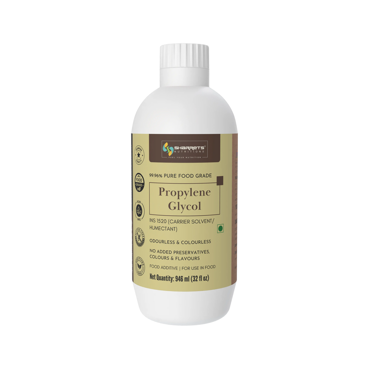 Sharrets Propylene Glycol 946 ml bottle front view, 99.96% pure food grade propylene glycol INS 1520, clear colourless liquid used as a carrier solvent and humectant in permitted food formulations, white bottle with gold and brown label.