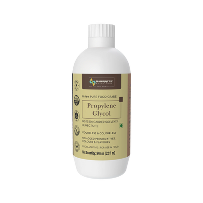 Sharrets Propylene Glycol 946 ml bottle front view, 99.96% pure food grade propylene glycol INS 1520, clear colourless liquid used as a carrier solvent and humectant in permitted food formulations, white bottle with gold and brown label.