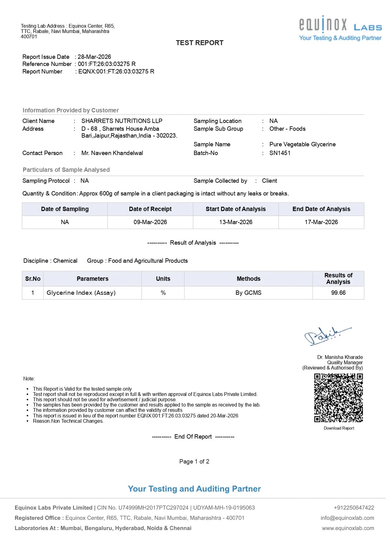 Test report of Sharrets Pure Vegetable Glycerin 99.7%