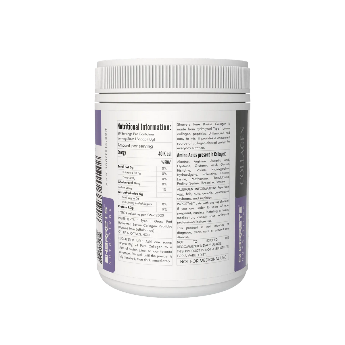 Sharrets Pure Bovine Collagen Peptides Powder 200g jar right panel – Grass Fed Type I Collagen- showing nutritional information, ingredients, suggested use