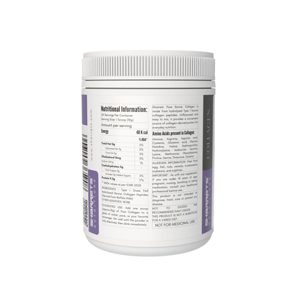 Sharrets Pure Bovine Collagen Peptides Powder 200g jar right panel – Grass Fed Type I Collagen- showing nutritional information, ingredients, suggested use