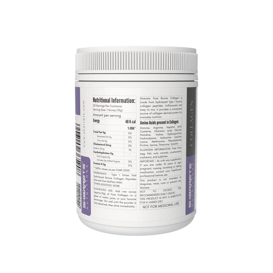 Sharrets Pure Bovine Collagen Peptides Powder 200g jar right panel – Grass Fed Type I Collagen- showing nutritional information, ingredients, suggested use