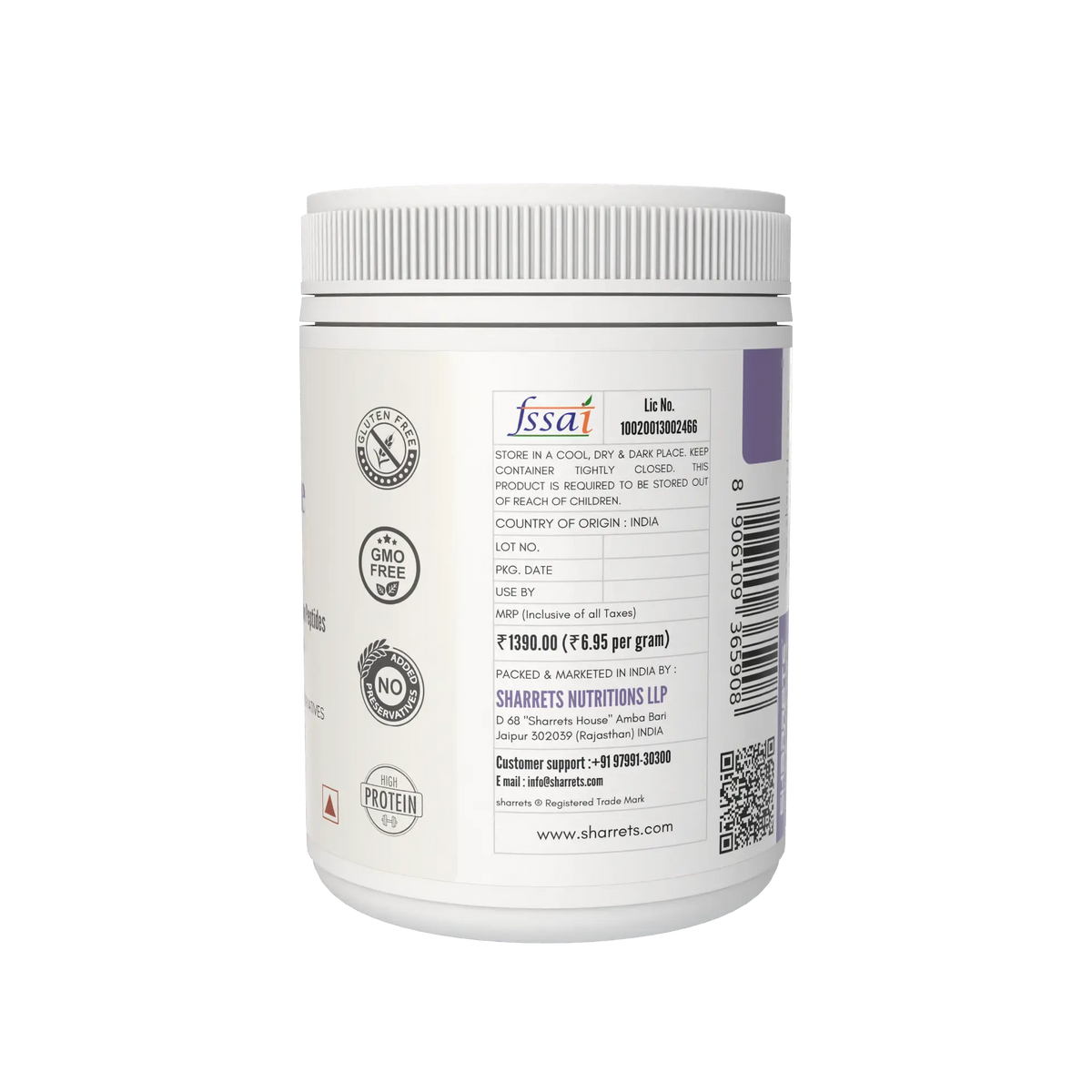Sharrets Pure Bovine Collagen Peptides Powder 200g jar left panel – Grass Fed Type I Collagen- showing fssai license number, address 