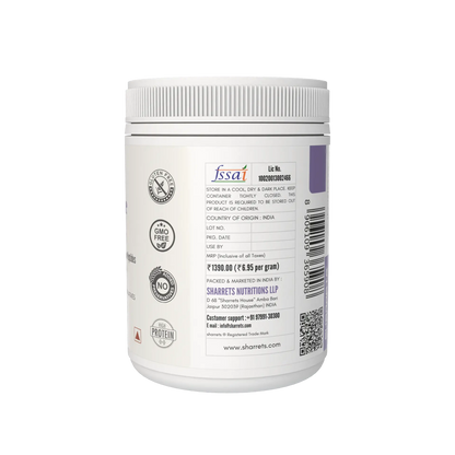 Sharrets Pure Bovine Collagen Peptides Powder 200g jar left panel – Grass Fed Type I Collagen- showing fssai license number, address 