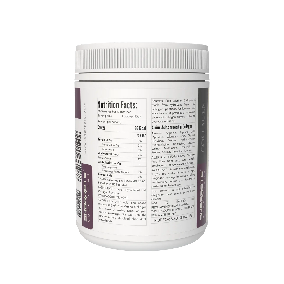 Sharrets Pure Marine Collagen 200g – Nutrition facts and ingredients of Type 1 Hydrolyzed Fish Collagen Peptides