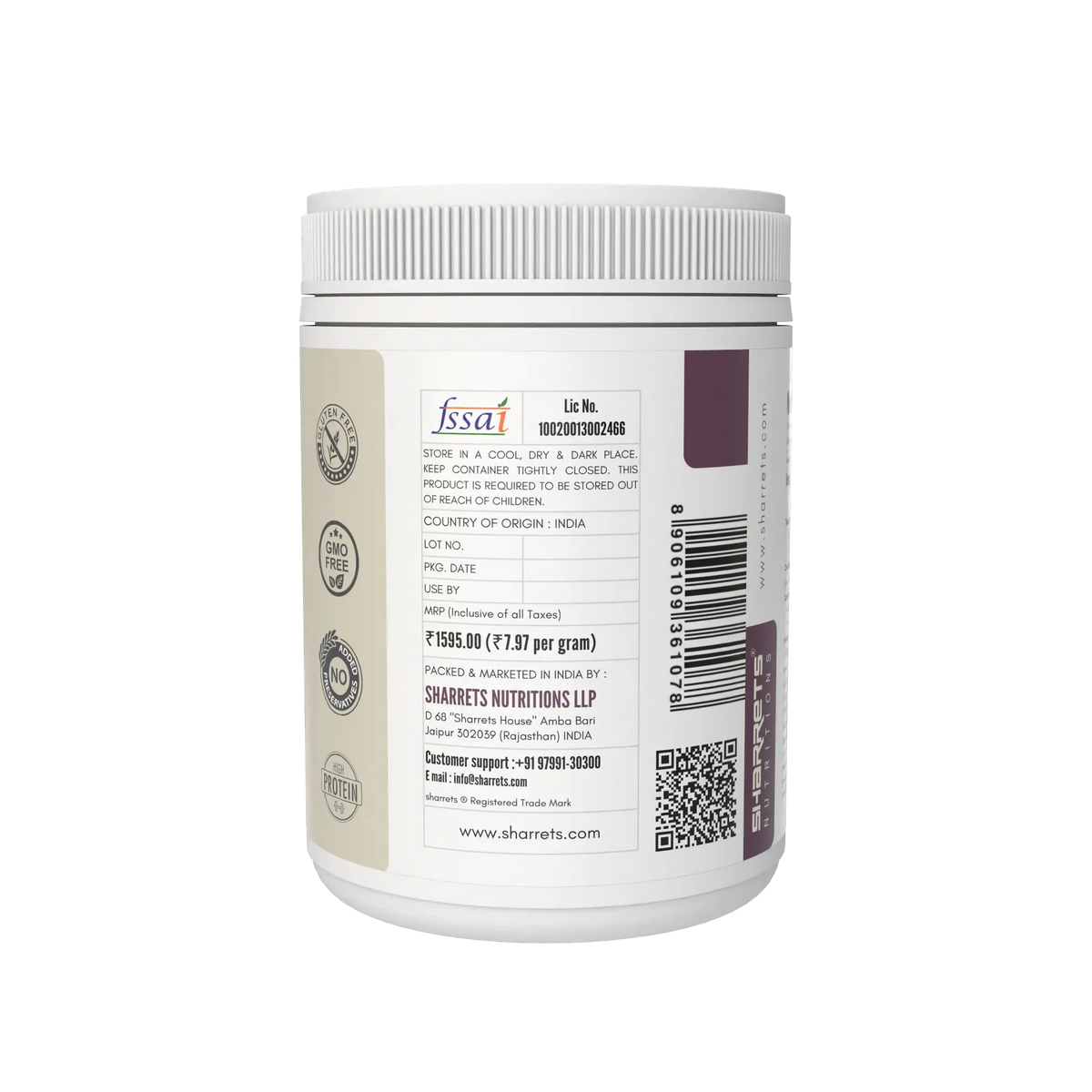 Sharrets Pure Marine Collagen 200g – FSSAI labelled unflavoured fish collagen powder with product and packaging details