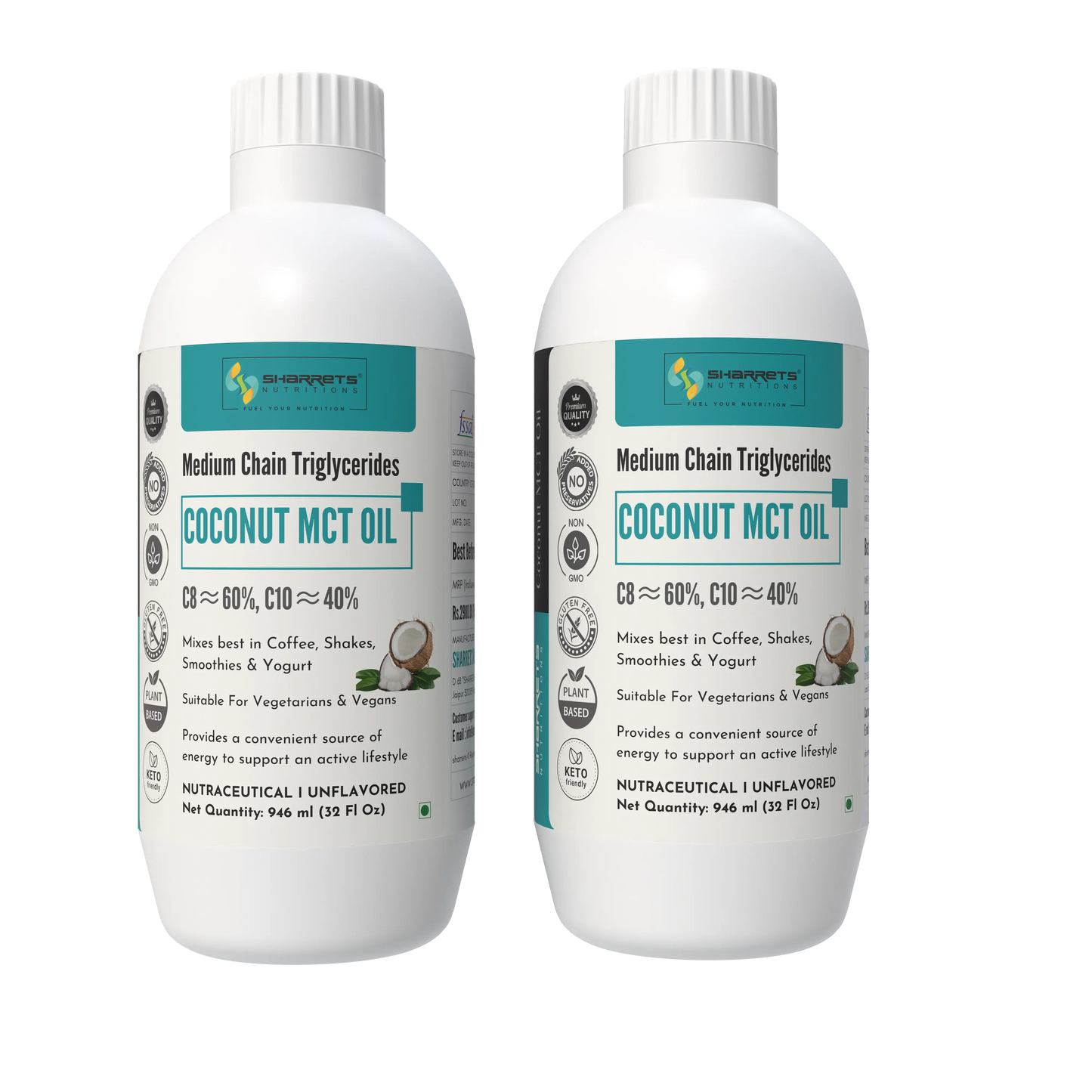 Two bottles of coconut MCT oil 946ml each with labels on a white background