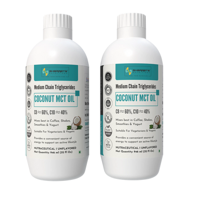 Two bottles of coconut MCT oil 946ml each with labels on a white background