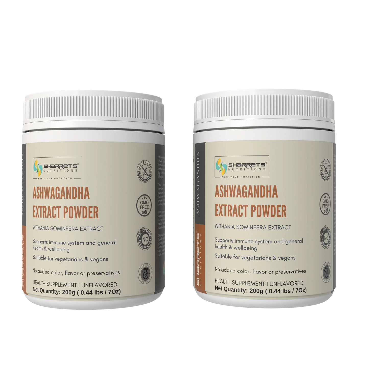Two containers of sharrets Ashwagandha Extract Powder on a white background