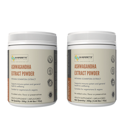Two containers of sharrets Ashwagandha Extract Powder on a white background