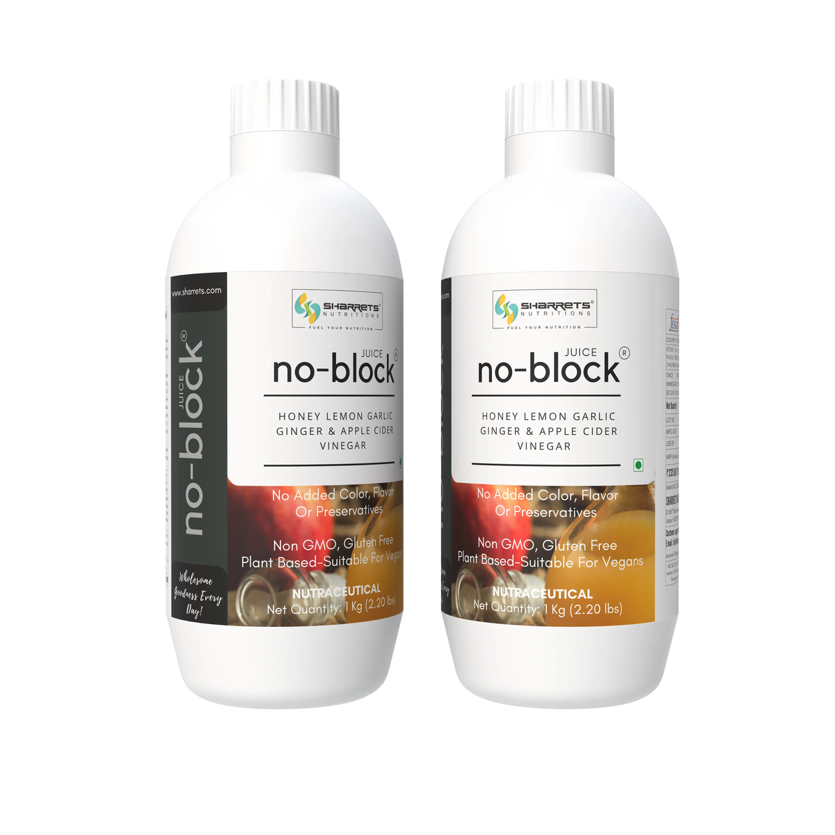 Sharrets No Block Juice 1kgx2 bottles product mockup showing honey, lemon, garlic, ginger and apple cider vinegar blend
