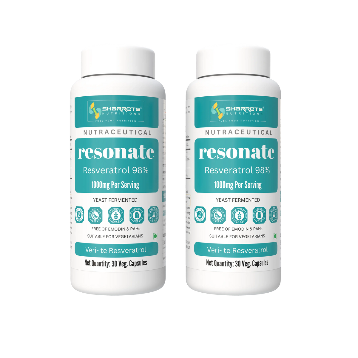 Sharrets Resonate Resveratrol 98% 1000mg per serving pack of 2 x 30 vegetarian capsules