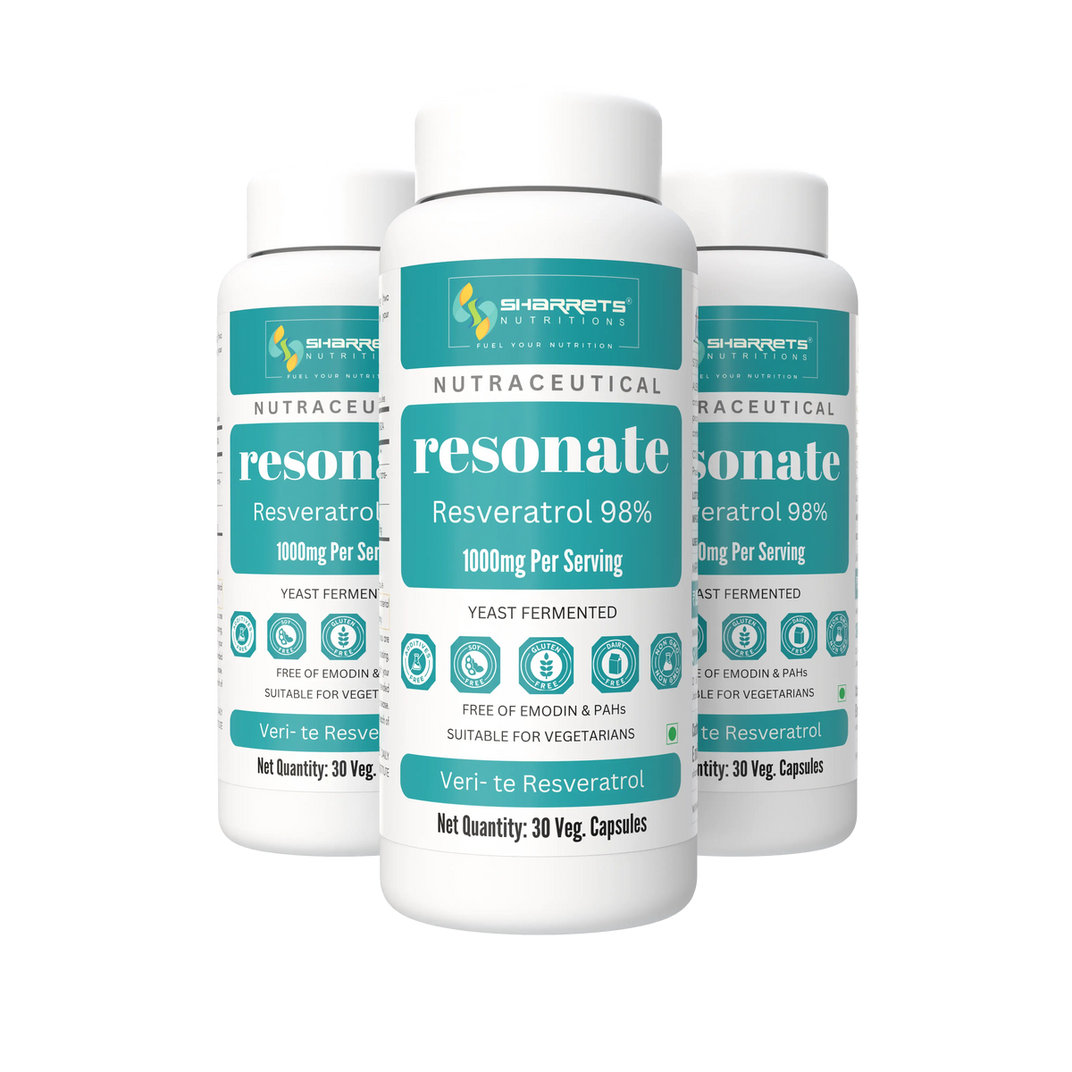 Sharrets Resonate Resveratrol 98% 1000mg per serving pack of 3 x 30 vegetarian capsules