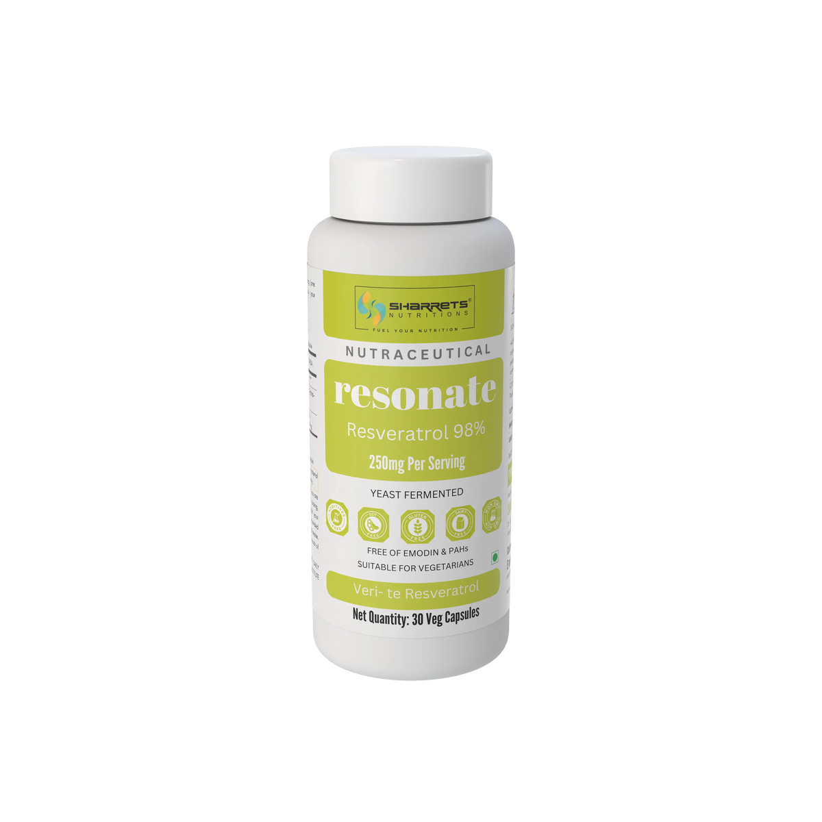 A white plastic bottle of Sharrets Supplements Resonate Nutraceutical dietary supplement, featuring a white cap and a label with lime green accents and text- Trans-Resveratrol Supplements in India – 98% Pure Yeast-Fermented German Origin