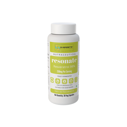A white plastic bottle of Sharrets Supplements Resonate Nutraceutical dietary supplement, featuring a white cap and a label with lime green accents and text- Trans-Resveratrol Supplements in India – 98% Pure Yeast-Fermented German Origin