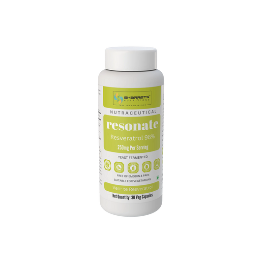 A white plastic bottle of Sharrets Supplements Resonate Nutraceutical dietary supplement, featuring a white cap and a label with lime green accents and text- Trans-Resveratrol Supplements in India – 98% Pure Yeast-Fermented German Origin