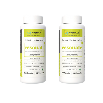 Two bottles of sharrets Trans-Resveratrol Resonate on a white background