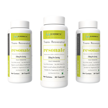 Three bottles of sharrets 'resonate' with green and white labels on a white background- Resveratrol Supplements