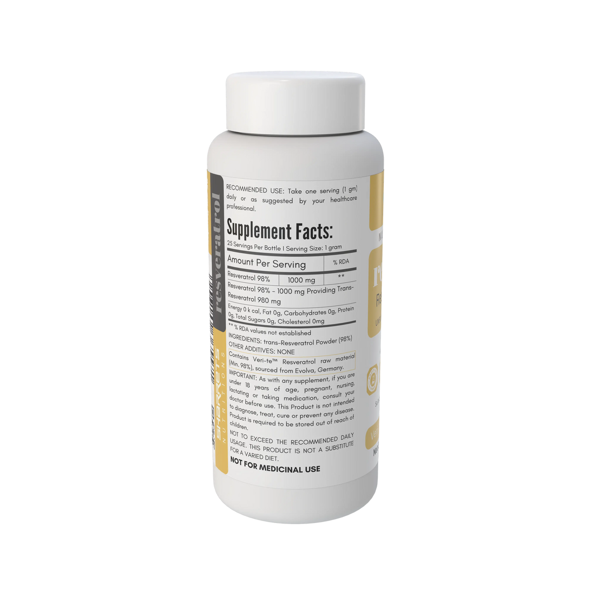Resonate Resveratrol 98% 25g powder supplement left-side label showing Supplement Facts, 1g serving size, ingredients and Veri-te trans-resveratrol information.