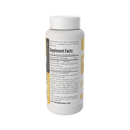 Resonate Resveratrol 98% 25g powder supplement left-side label showing Supplement Facts, 1g serving size, ingredients and Veri-te trans-resveratrol information.