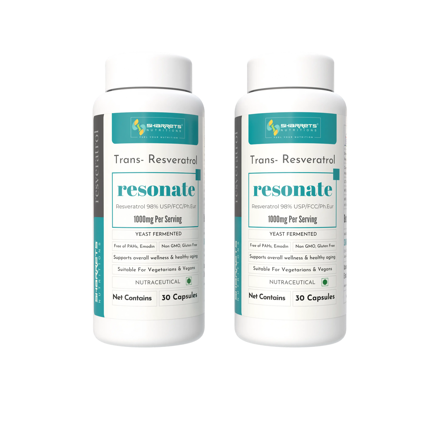 Two bottles of Sharrets nutritions Resonate Trans-Resveratrol on a white background