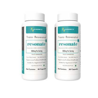 Two bottles of Sharrets nutritions Resonate Trans-Resveratrol on a white background
