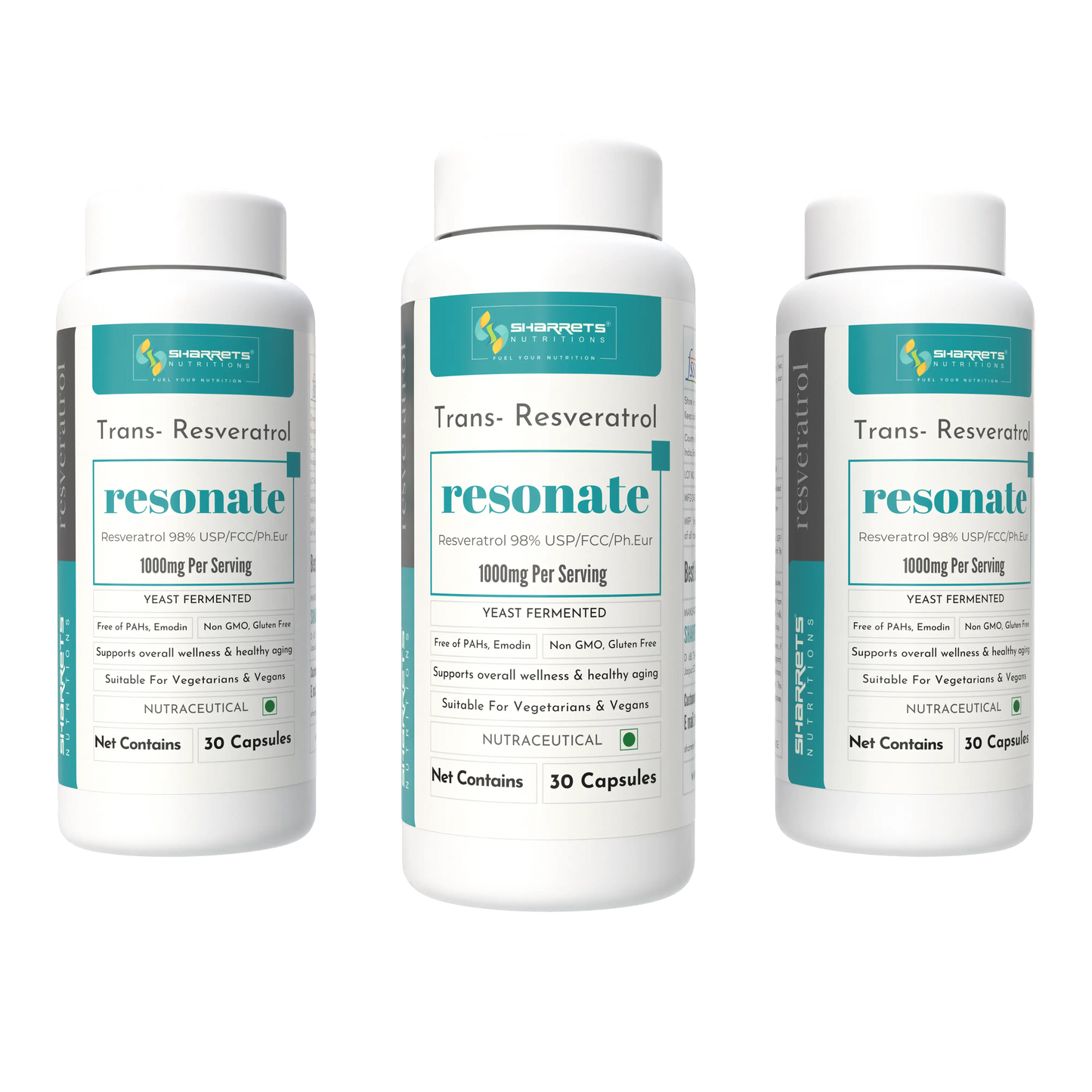 Three bottles of Resonate Trans-Resveratrol on a white background