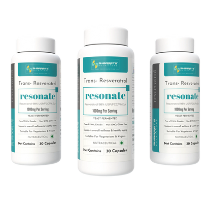 Three bottles of Resonate Trans-Resveratrol on a white background