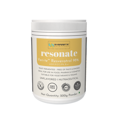 Sharrets Nutritions Resonate Verite Resveratrol 98% powder container on a white background