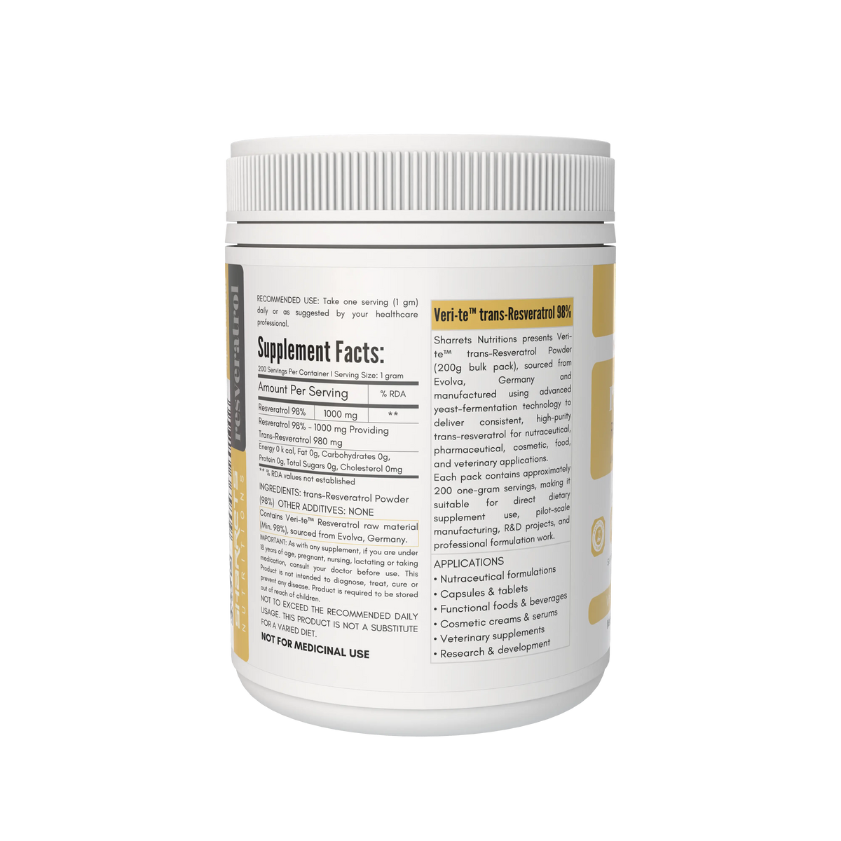 Resonate Resveratrol 98% 200g powder supplement left-side label showing Supplement Facts, 1g serving size and Veri-te trans-resveratrol raw material.