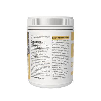 Resonate Resveratrol 98% 200g powder supplement left-side label showing Supplement Facts, 1g serving size and Veri-te trans-resveratrol raw material.