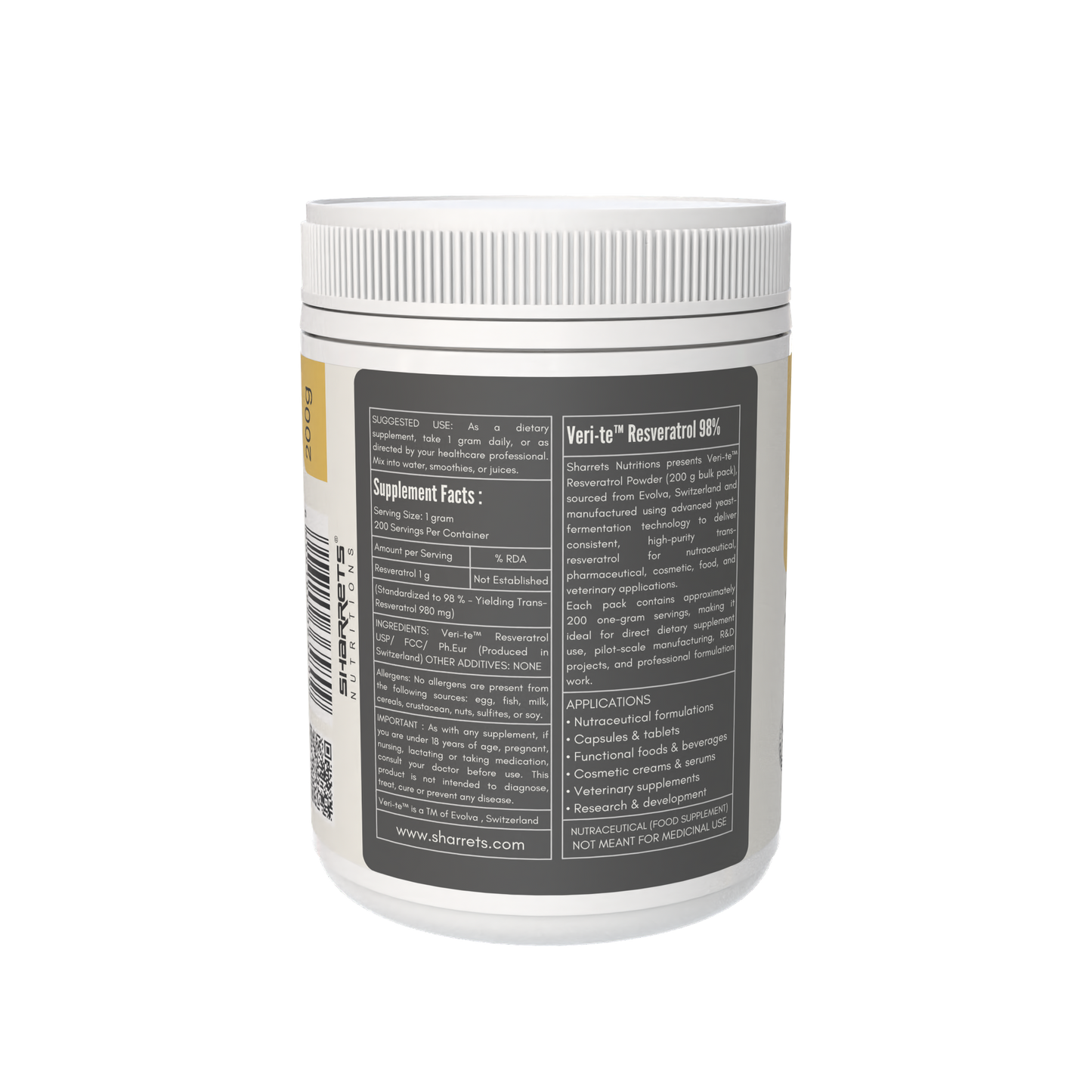 Supplement container with label on a white background - SHARRETS RESVERATROL POWDER 200G