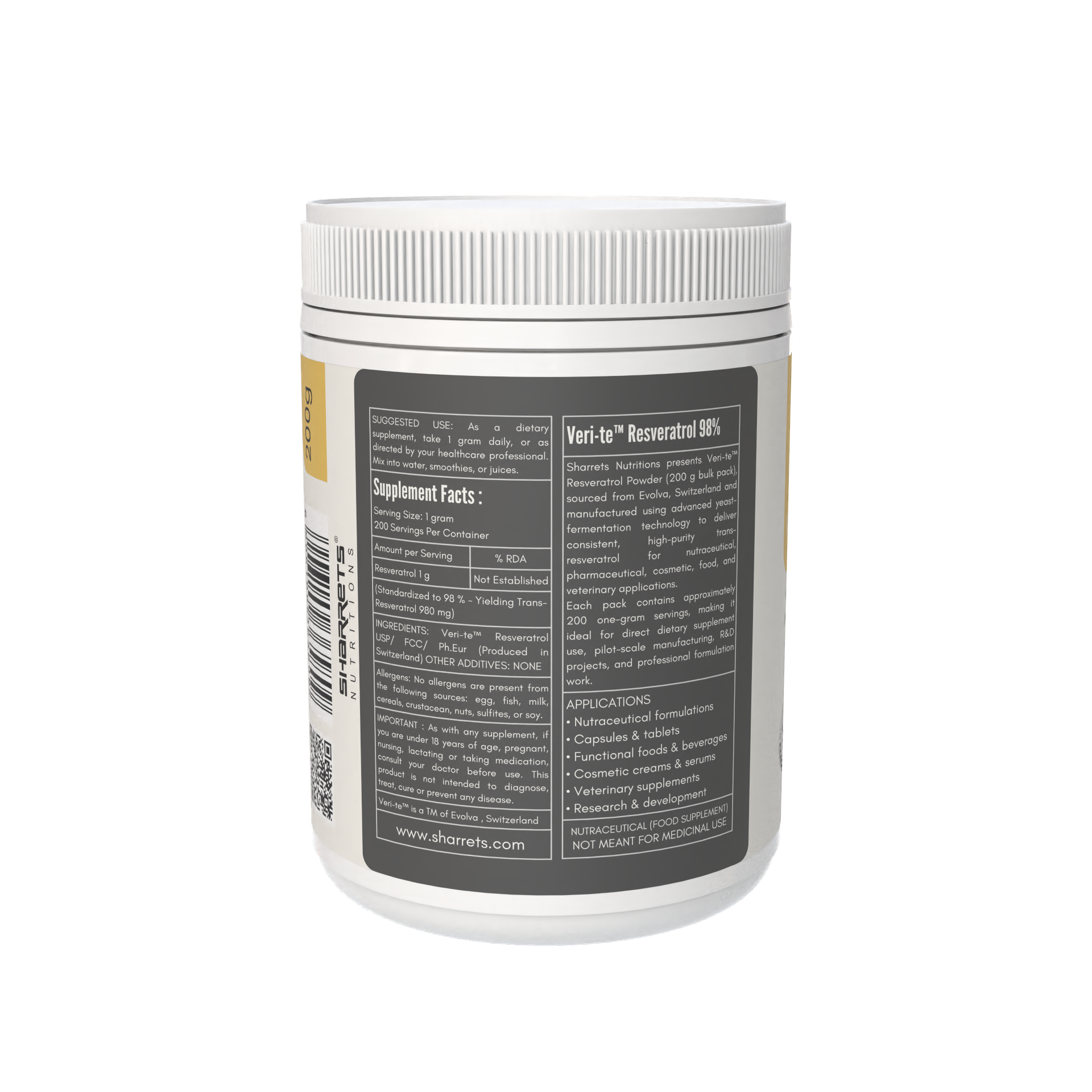 Supplement container with label on a white background - SHARRETS RESVERATROL POWDER 200G