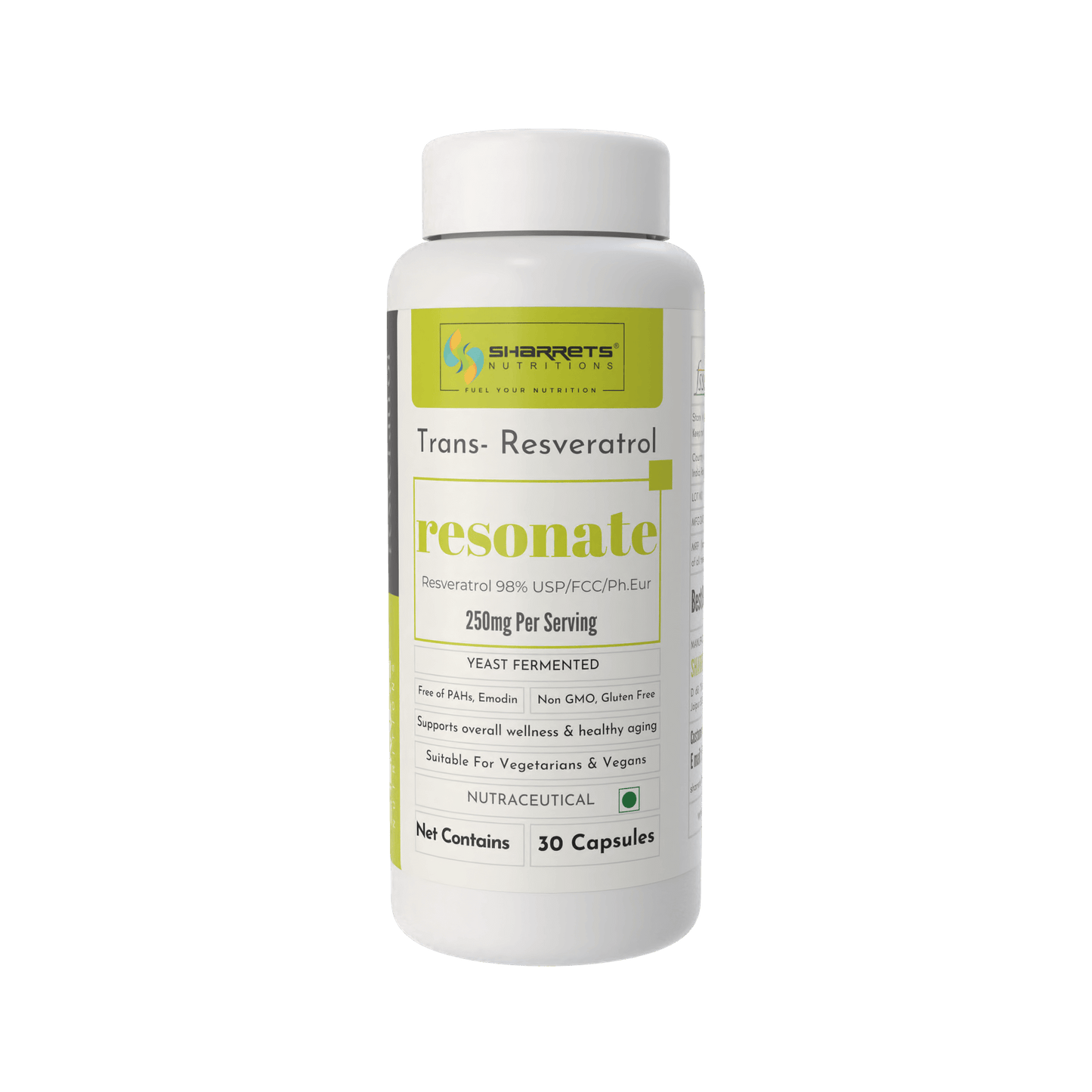 Supplement bottle labeled 'resonate' with green and white design on a white background -Sharrets Resveratrol Supplements