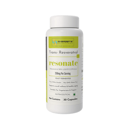Supplement bottle labeled 'resonate' with green and white design on a white background -Sharrets Resveratrol Supplements