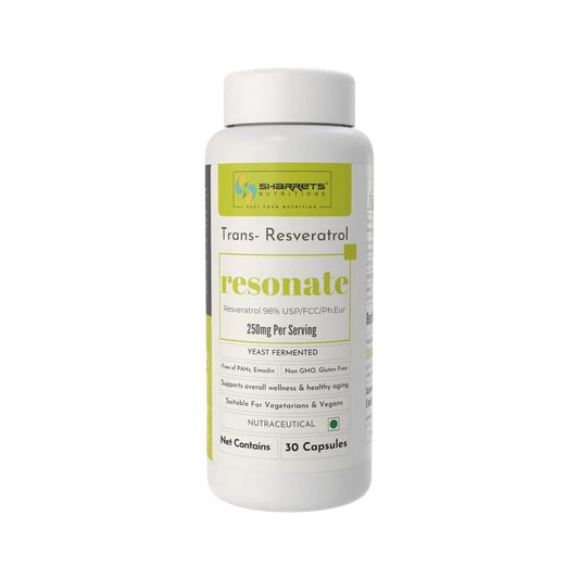 Supplement bottle labeled 'resonate' with green and white design on a white background -Sharrets Resveratrol Supplements