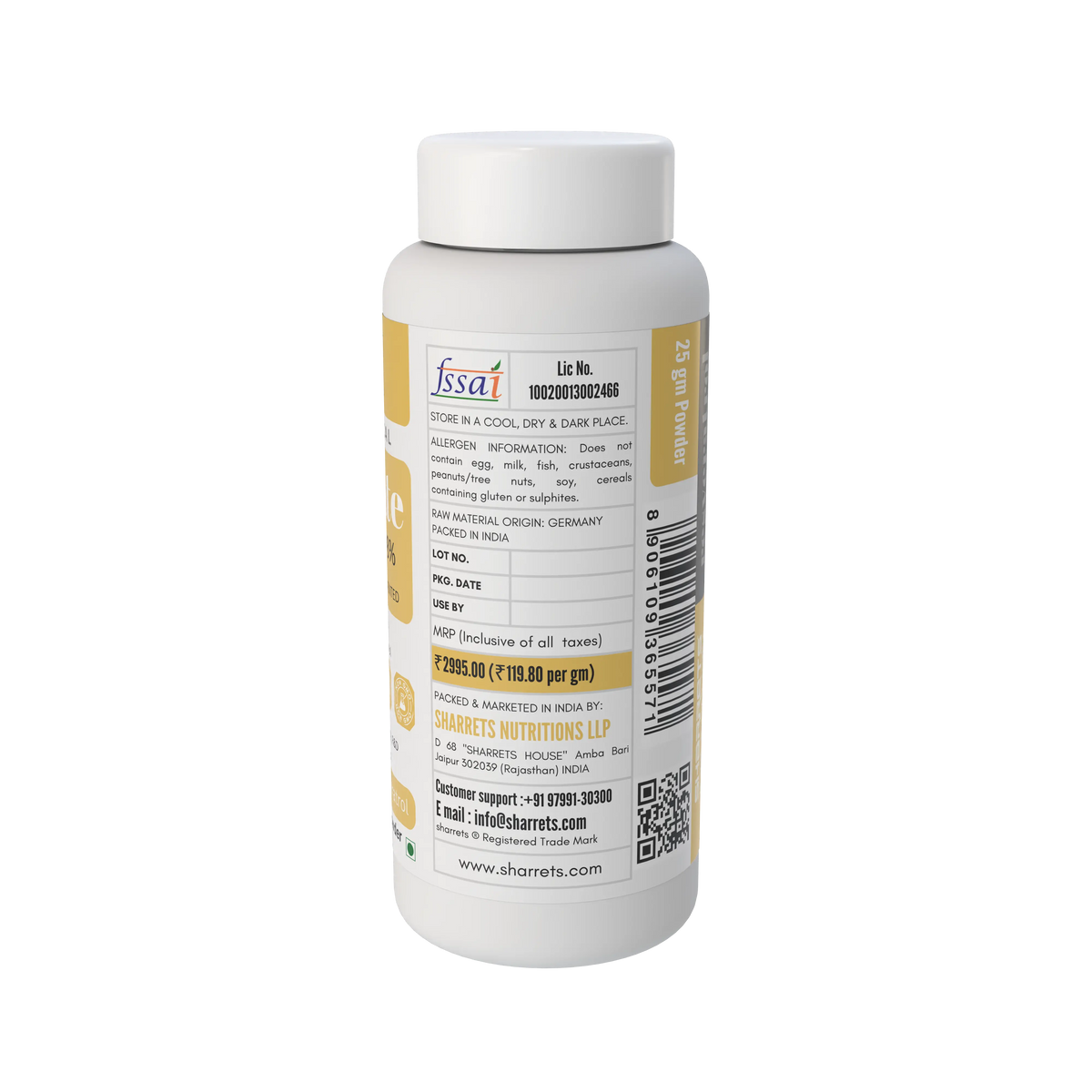 Resonate Resveratrol 98% 25g powder right-side label with FSSAI licence, Germany raw material origin, storage instructions, MRP and Sharrets Nutritions details.
