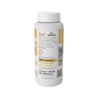 Resonate Resveratrol 98% 25g powder right-side label with FSSAI licence, Germany raw material origin, storage instructions, MRP and Sharrets Nutritions details.