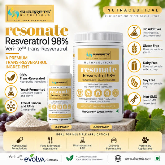 Infographic image of Resonate Resveratrol 98% 200g powder supplement by Sharrets Nutritions, high-purity trans-resveratrol powder, unflavoured yeast-fermented nutraceutical.