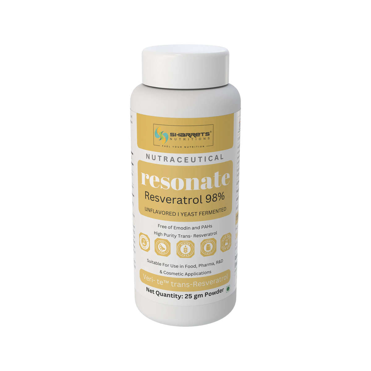 Resonate Resveratrol 98% 25g powder supplement by Sharrets Nutritions, high-purity trans-resveratrol, unflavoured yeast-fermented nutraceutical.