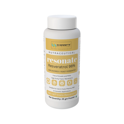 Resonate Resveratrol 98% 25g powder supplement by Sharrets Nutritions, high-purity trans-resveratrol, unflavoured yeast-fermented nutraceutical.