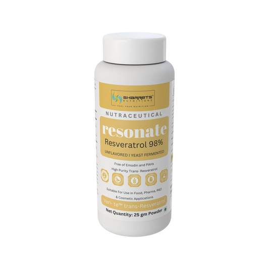 Resonate Resveratrol 98% 25g powder supplement by Sharrets Nutritions, high-purity trans-resveratrol, unflavoured yeast-fermented nutraceutical.