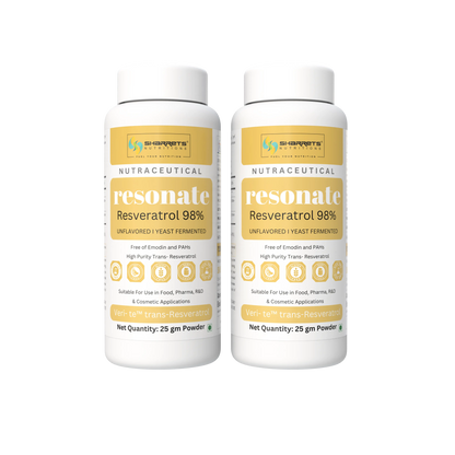 Two Resonate Resveratrol 98% 25g powder supplement bottles by Sharrets Nutritions, high-purity trans-resveratrol nutraceutical powder.