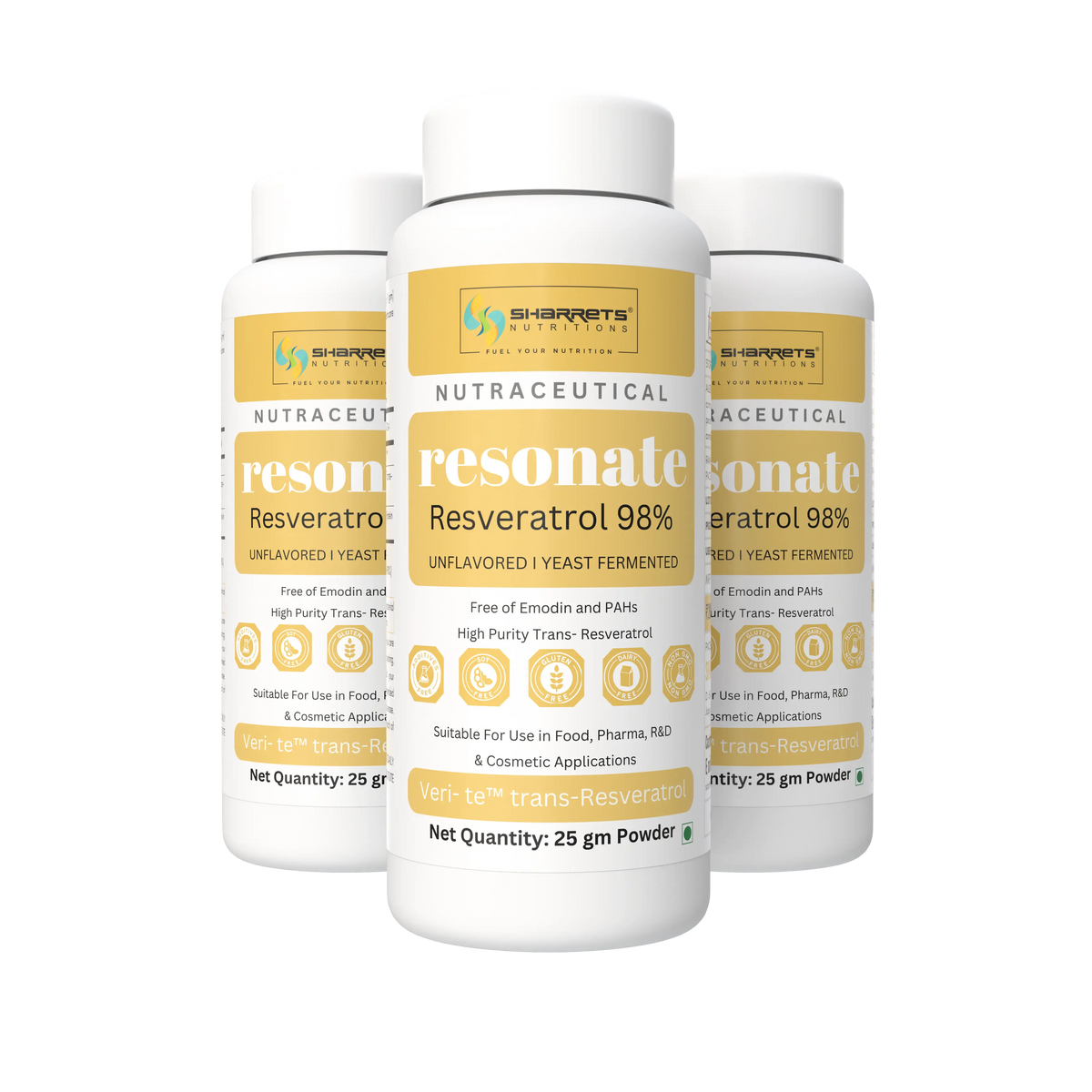 Three Resonate Resveratrol 98% 25g powder supplement bottles by Sharrets Nutritions, high-purity trans-resveratrol nutraceutical powder.