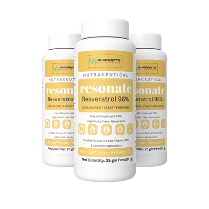 Three Resonate Resveratrol 98% 25g powder supplement bottles by Sharrets Nutritions, high-purity trans-resveratrol nutraceutical powder.