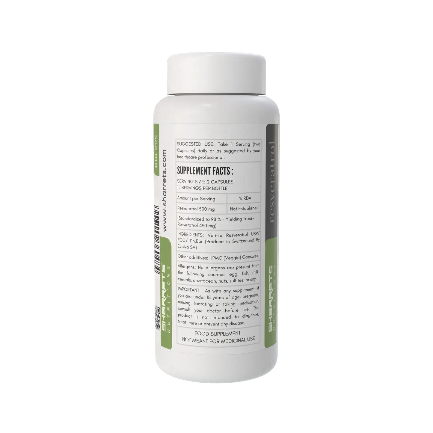 Supplement bottle with label on a white background - Sharrets Resveratrol Supplements