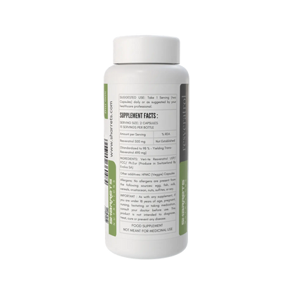 Supplement bottle with label on a white background - Sharrets Resveratrol Supplements